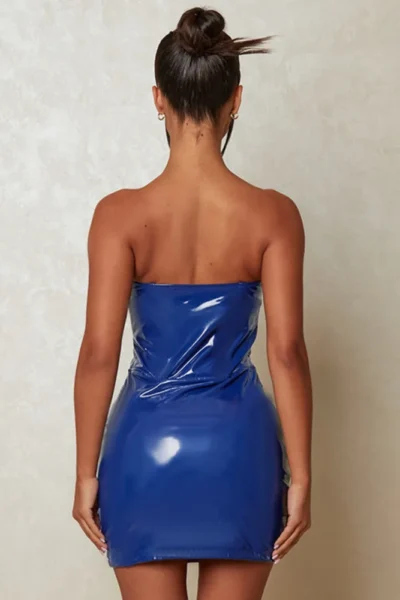 Blue PU leather bodycon dress back view
