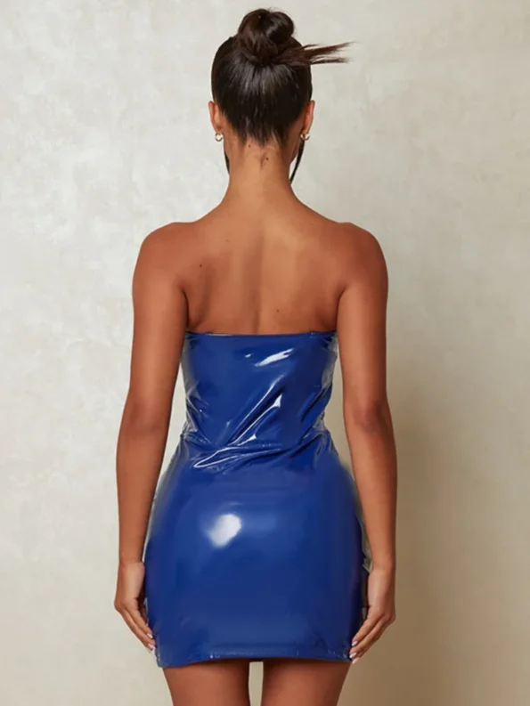 Blue PU leather bodycon dress back view