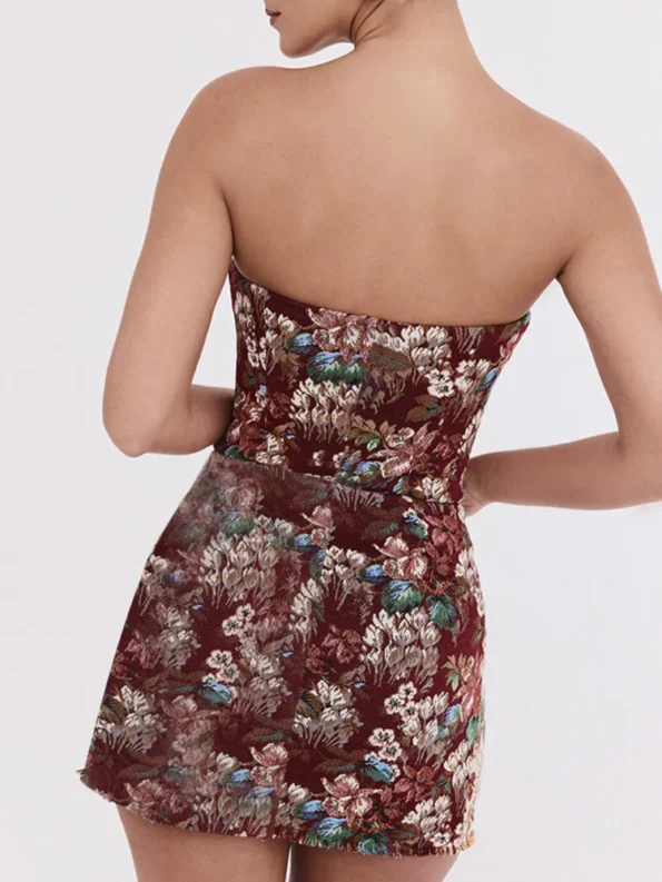 Back view of off-shoulder backless print mini dress