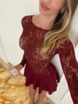 Lace long sleeve sheer mini dress front view