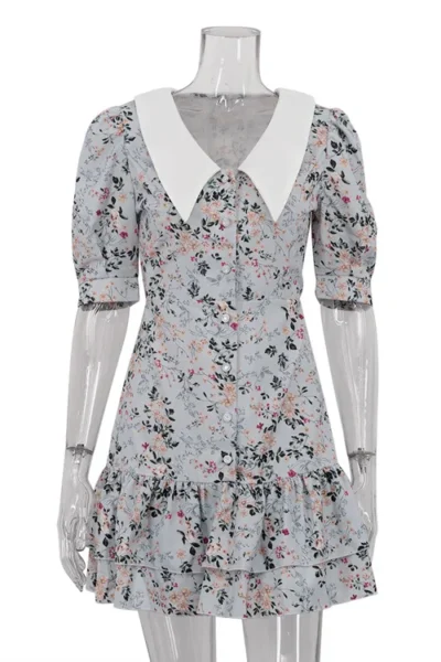 elegant floral mini dress light blue with vintage florals