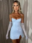 Light Pink Spaghetti Strap Mini Dress – Elegant Party Outfit with Sheer Gloves