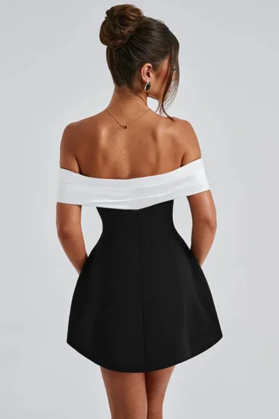 Off-shoulder backless black and white A-line mini dress back view