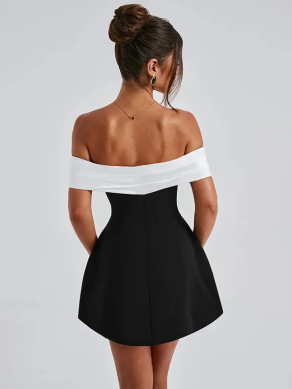 Off-shoulder backless black and white A-line mini dress back view