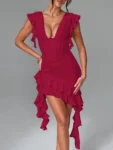 White deep V backless ruffle mini dress.webp