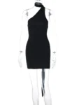 Halter black ruched mini dress front.webp