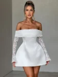 Elegant off-shoulder lace long sleeve white mini dress