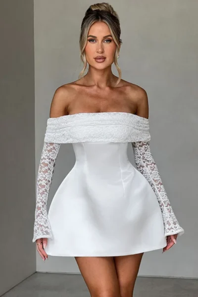 Elegant off-shoulder lace long sleeve white mini dress