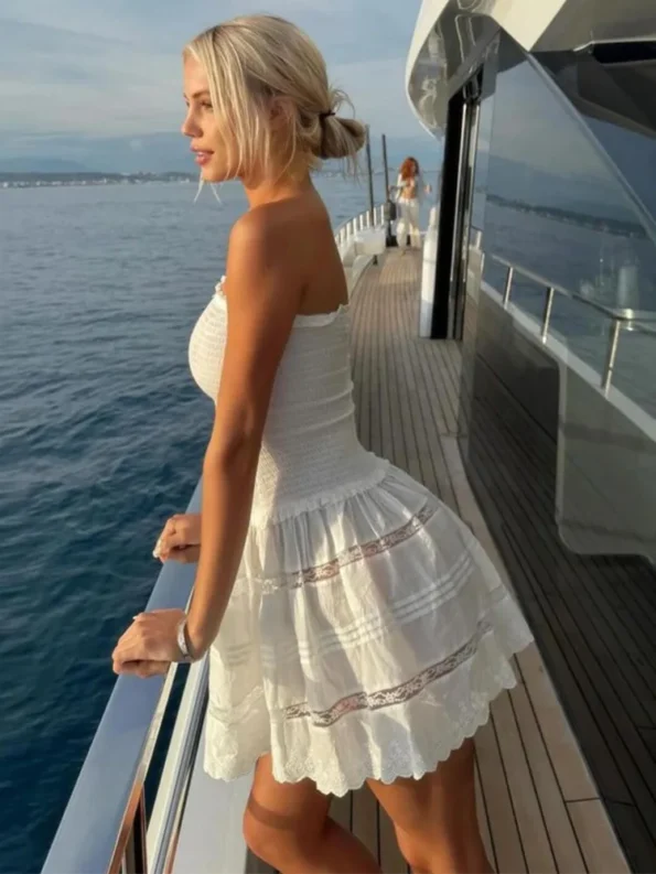 sketch of elegant off-shoulder strapless mini dress white back
