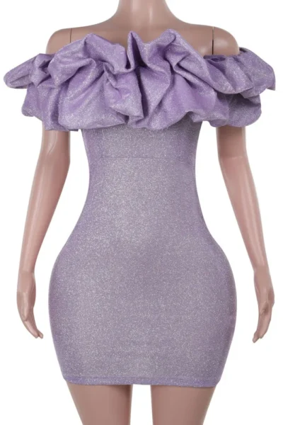 Back view of lavender off-shoulder mini dress