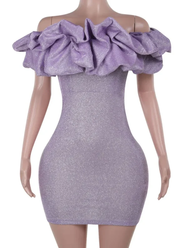 Back view of lavender off-shoulder mini dress