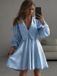 Pink plaid bow collar midi dress.webp