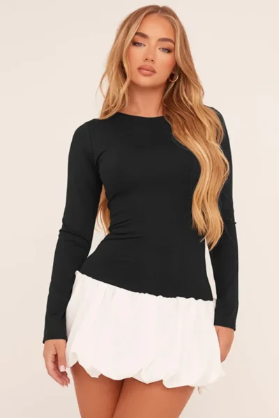 Sitting pose in patchwork sexy mini dress