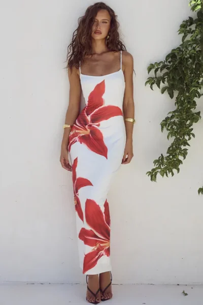 Floreal Print Long Dress For Women Gown Summer New Spaghetti Strap Sleeveless Backless Bodycon Sexy Midi Dress Elegant