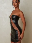 Hollow Out PU Leather Mini Dress Brown.webp