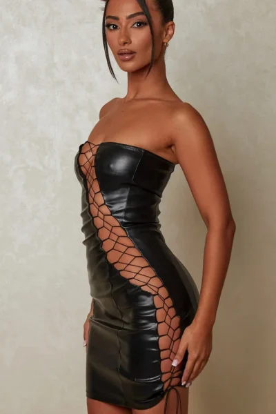 Side view hollow out PU leather sexy mini dress black