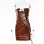 Hollow Out PU Leather Mini Dress Brown.webp
