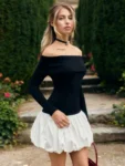 Off-shoulder black and white contrast patchwork A-line mini dress with long sleeves