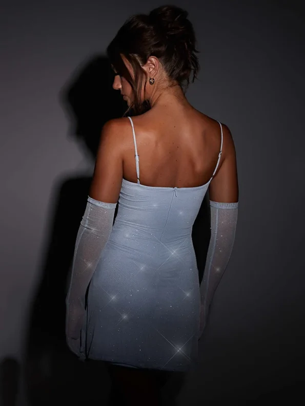 Back view of sparkle spaghetti strap mini dress
