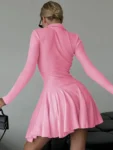 Long Sleeve Pleated Knit Mini Dress Pink