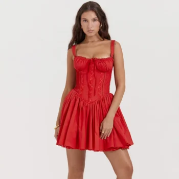red corset mini dress with vintage lace-up bodice