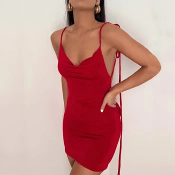 Red spaghetti strap backless mini dress front view