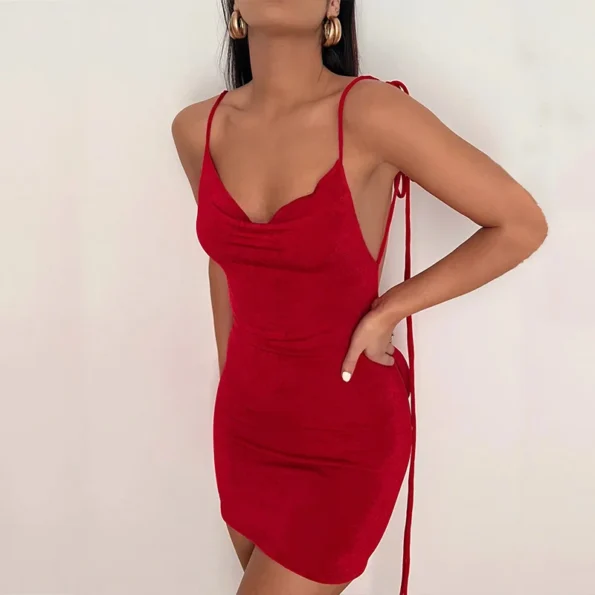 Red spaghetti strap backless mini dress front view