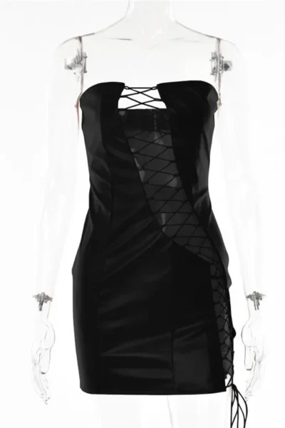 Hollow out PU leather sexy mini dress black full look