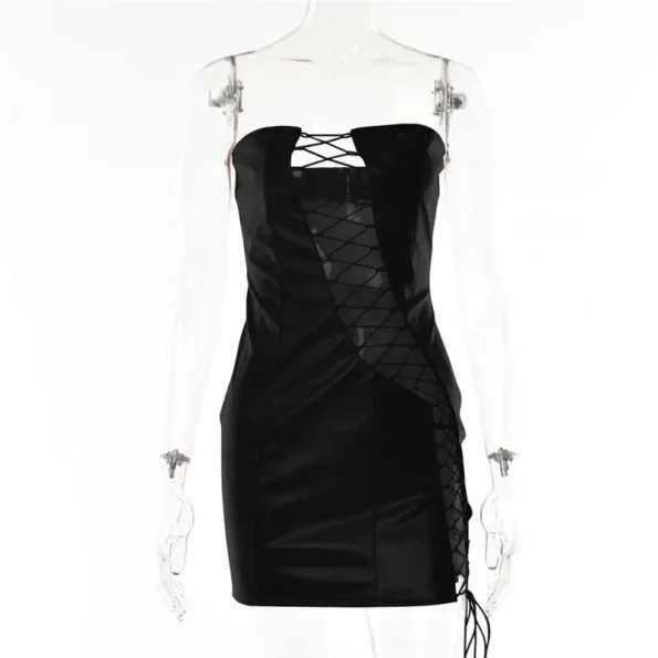 Hollow out PU leather sexy mini dress black full look