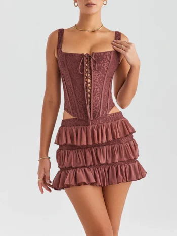 Mozision Elegant Sexy Skirt Two Piece Set For Women Fashion Sleeveless Crop Top And Mini Skirt Ladies Club Party Sexy Skirt Sets