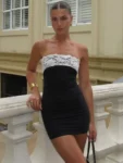 Lace strapless patchwork bodycon mini dress front view