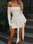 Woman wearing beige off-shoulder ruched mini dress