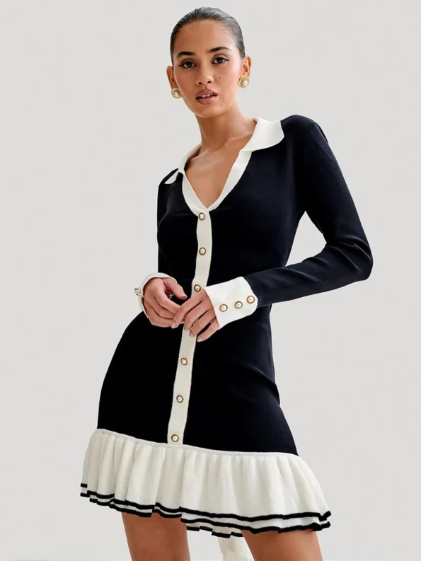 Chic black v-neck knit mini dress with ruffled hem