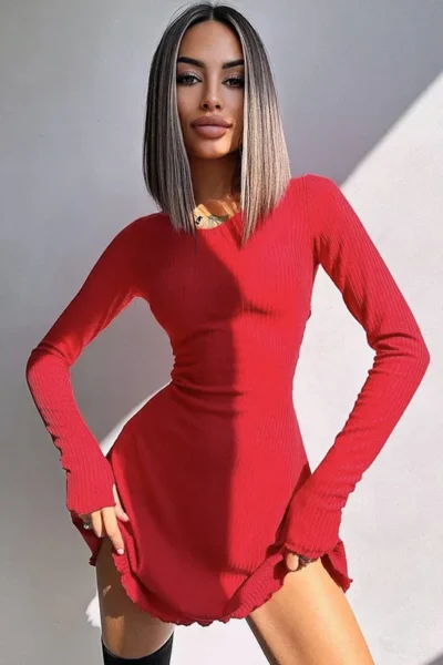 Red ribbed long sleeve mini dress front view