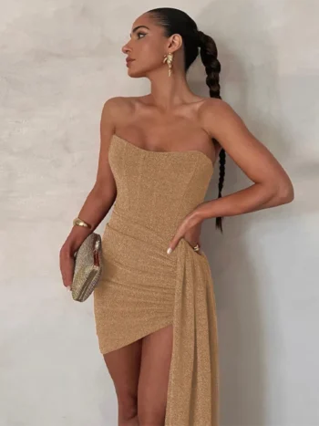 Gold strapless ruched mini dress with draped detail