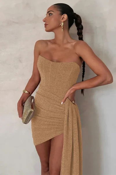 Gold strapless ruched mini dress with draped detail