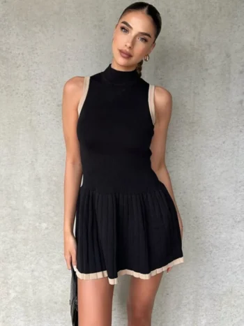 Half high collar sleeveless black A-line mini dress with contrast trim