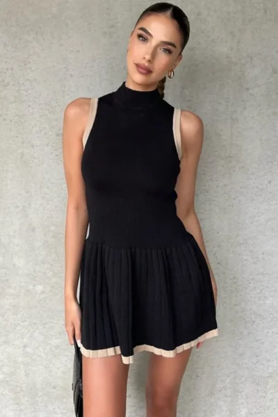 Half high collar sleeveless black A-line mini dress with contrast trim