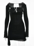 Black Gothic Mini Dress – Cut-Out Design with Sheer Long Sleeves