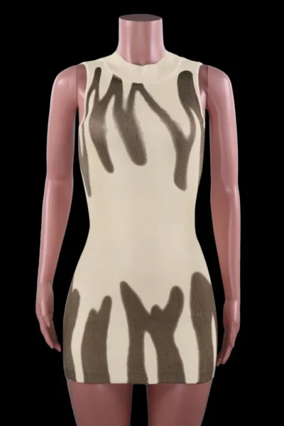 Backless lace-up print mini tank dress in beige and brown