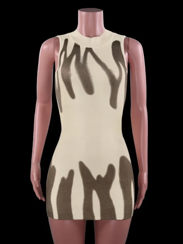 Backless lace-up print mini tank dress in beige and brown