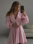 Pink plaid bow collar midi dress.webp