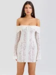 Off-shoulder lace white bodycon mini dress front view