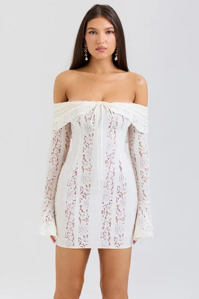 Off-shoulder lace white bodycon mini dress front view