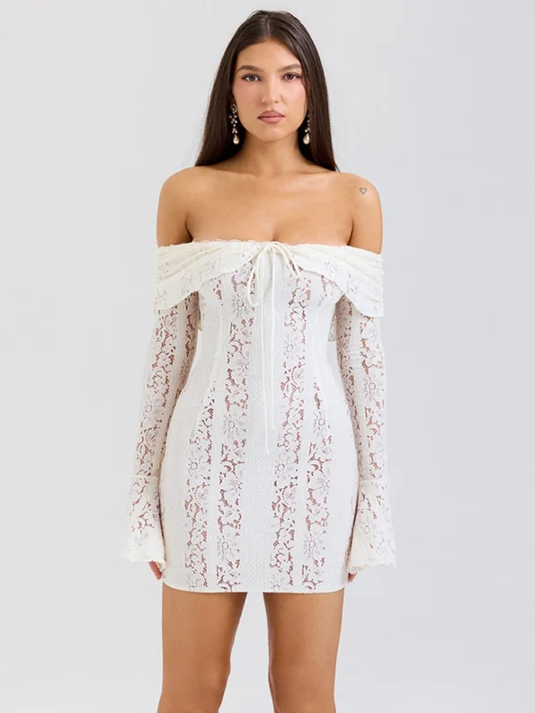 Off-shoulder lace white bodycon mini dress front view