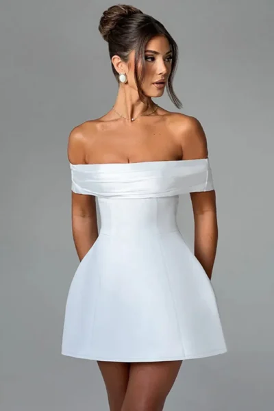 Off-shoulder backless white and black A-line mini dress back view