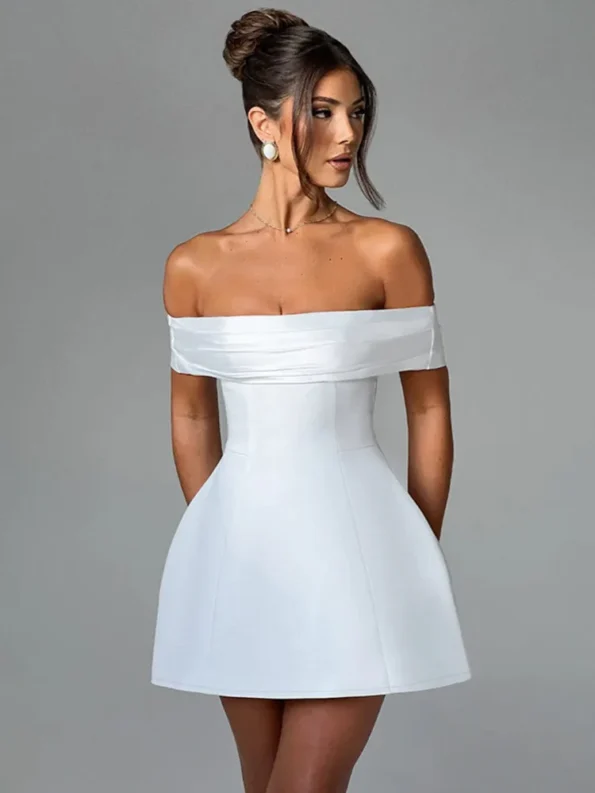 Off-shoulder backless white and black A-line mini dress back view