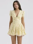 Vintage yellow floral deep V neck A-line mini dress with puff sleeves