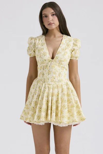 Vintage yellow floral deep V neck A-line mini dress with puff sleeves