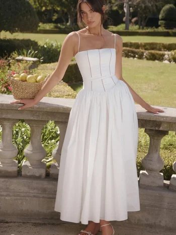 Mozision Elegant White Sundress Spaghetti Strap Backless Midi Dress For Women Fashion Sleeveless A-line Loose Long Dress New